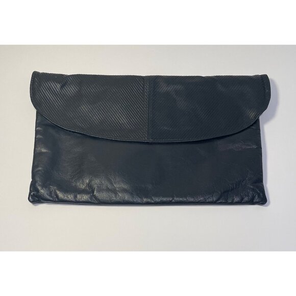 Vtg Karavan Black Leather Envelope Clutch Zip Closure Elegant Event Minimalist - Picture 1 of 12